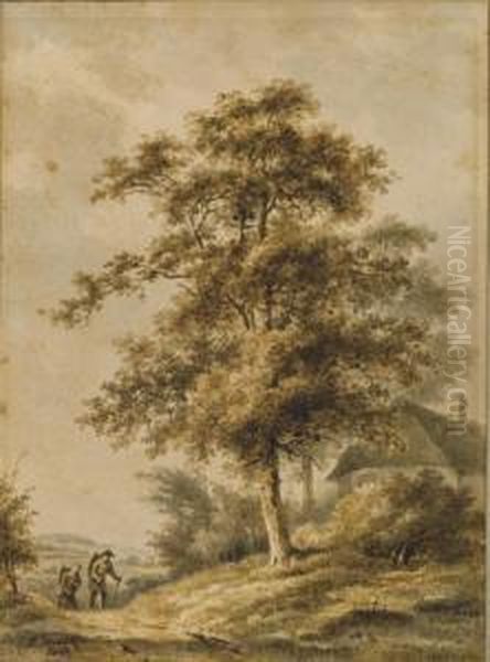 Paysage Arbore Avec Un Couple Sur Le Chemin Oil Painting by Henricus Franziscus Wiertz