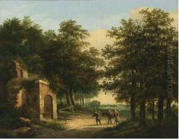 Travellers In A Wooded Landscape Arriving At A Ruin Oil Painting by Henricus Franziscus Wiertz