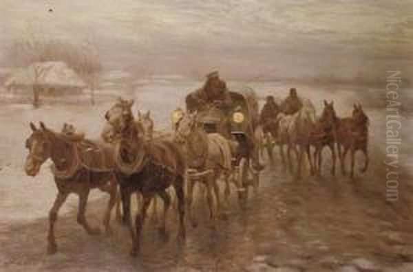 Horse Drawn Carriages In The Snow Oil Painting by Karol Wierusz-Kowalski