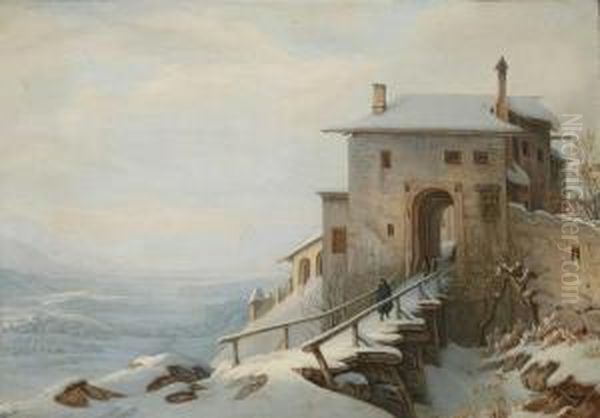 Blick Von Einem Burgtor Auf Eine Winterliche Flusslandschaft Im Gebirge Oil Painting by Georg Wiesend