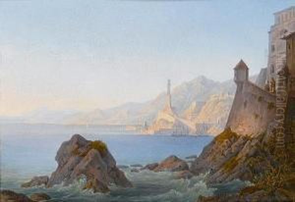 The Harbour At Genoa; A View Of The Gulf Of Spezia Oil Painting by Georg Wiesend