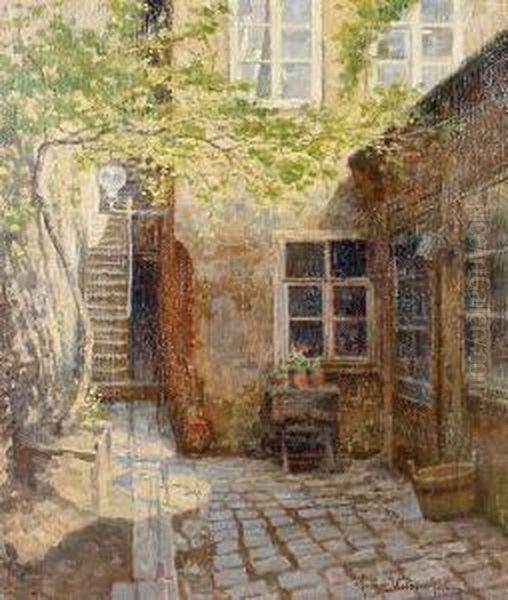 A Sunlit Courtyard Oil Painting by Franz Wiesenthal