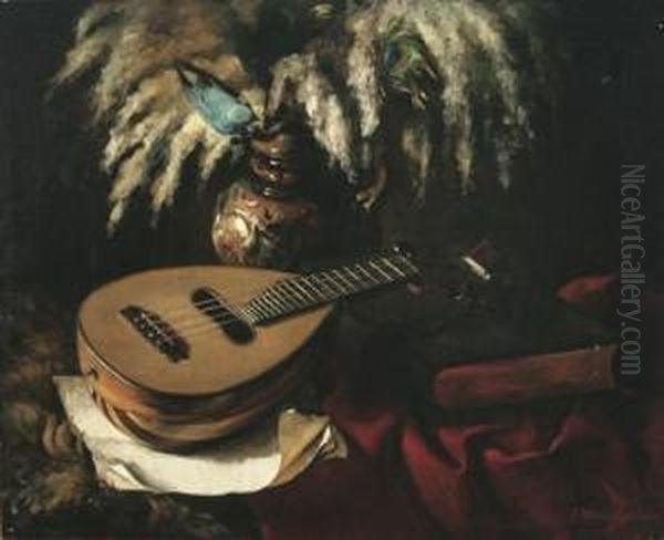 Still Life With Lute, Book And Vase Of Feathers Oil Painting by Franz Wiesenthal