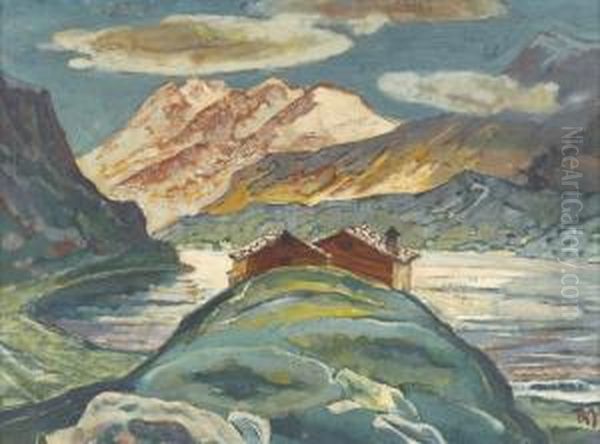 Berglandschaft Mit See Oil Painting by Gustav Wiethuchter