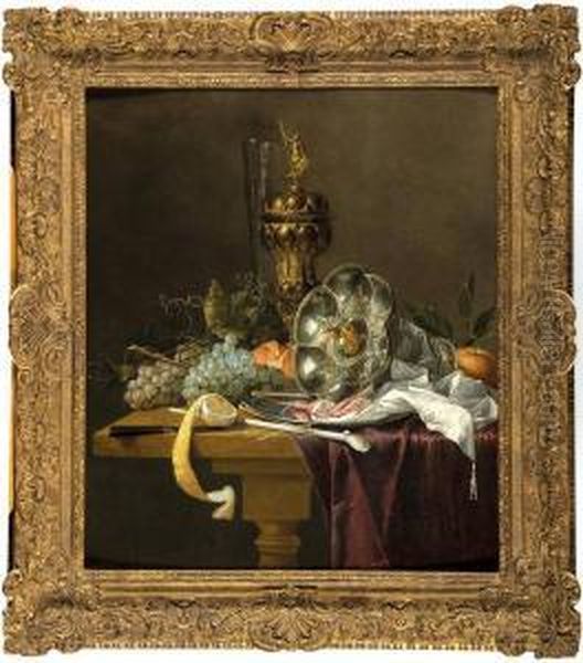 Nature Morte Aux Pieces D'orfevrerie Et Aux Fruits Oil Painting by Isaac Wigans