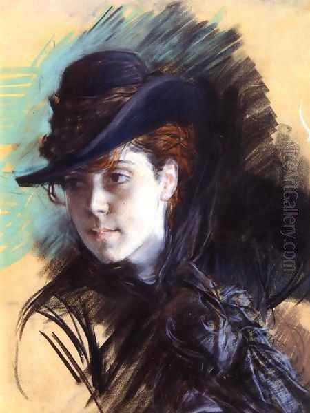 Girl In A Black Hat Oil Painting by Giovanni Boldini