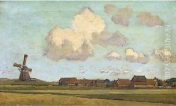 Op Ameland: A Windmill Near A Village On The Island Of Ameland Oil Painting by Dirk Wiggers