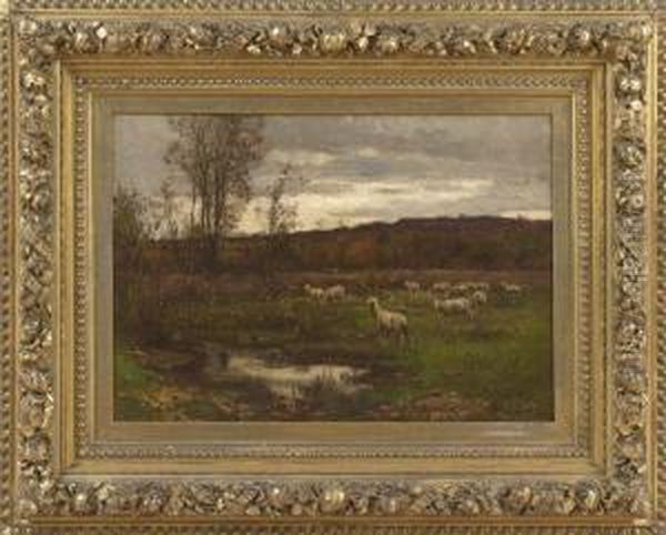 Autumnal Landscape With Sheep At Dusk Oil Painting by John Carleton Wiggins