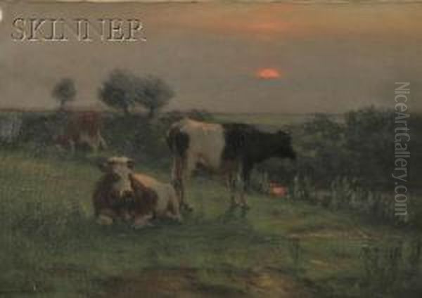 Resting Cows At Dusk Oil Painting by John Carleton Wiggins