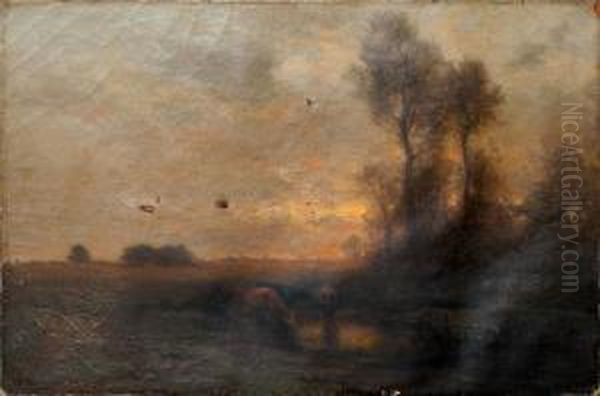 Pastoral Sunset Landscape With Cows And Stream Oil Painting by John Carleton Wiggins