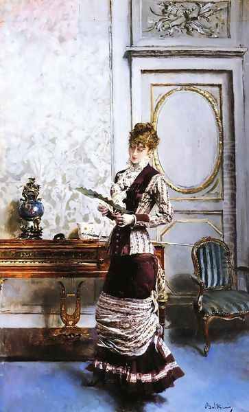 A Lady Admiiring a Fan Oil Painting by Giovanni Boldini