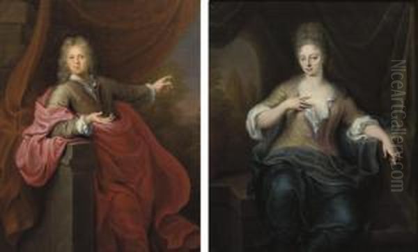 Portrait Of A Gentleman, Three-quarter-length, In A Gold Embroidered Grey Costume And Pink Wrap; And Portrait Of A Lady, Three-quarter-length, In A Yellow Dress And Blue Wrap Oil Painting by Gerard Wigmana