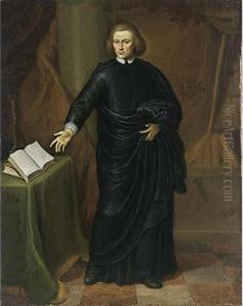 A Portrait Of A Cleric, Standing Full Length, Wearing A Black Robe With White Cuffs And Collar, Pointing Towards A Book On A Table With Green Table Cloth, In His Library Oil Painting by Gerard Wigmana