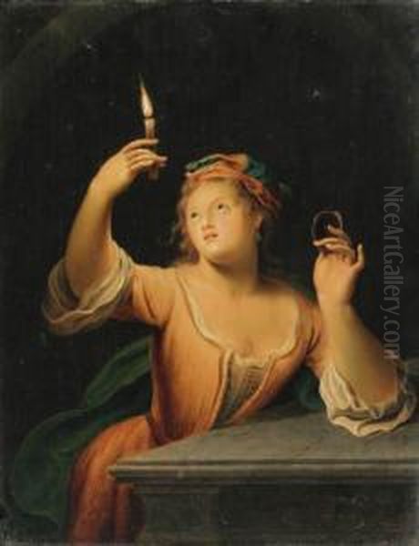 A Girl, Three-quarter-length, Holding A Candle And A Mirror,leaning On A Marble Ledge Oil Painting by Gerard Wigmana