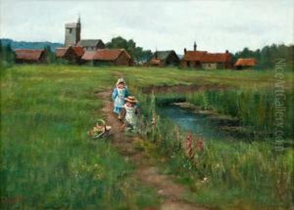 Playing Children On A Summerfield Oil Painting by Maria Wiik