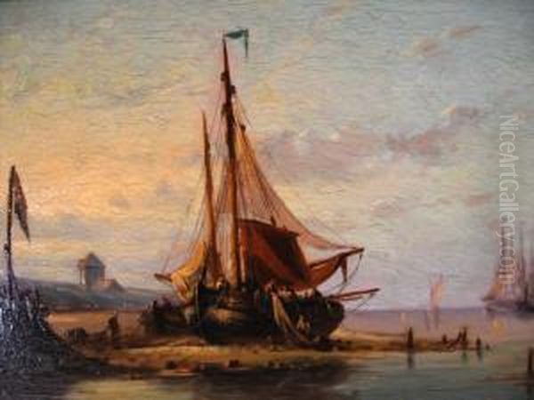 Unloading The Fishing Nets Oil Painting by Nicolaas Martinus Wijdoogen