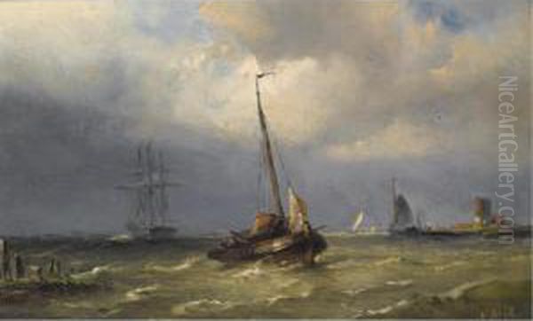 Shipping On A River Oil Painting by Nicolaas Martinus Wijdoogen