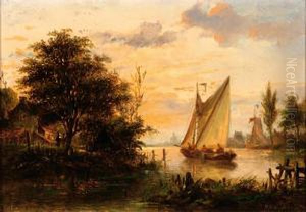 Sailing Ship On The Water By Sunset Oil Painting by Nicolaas Martinus Wijdoogen