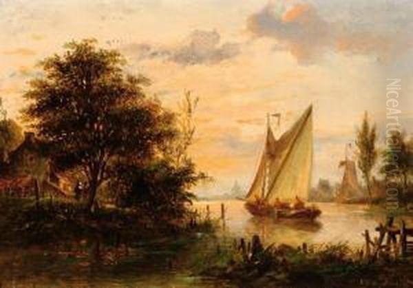 A Sailing Ship On The Water At Sunset Oil Painting by Nicolaas Martinus Wijdoogen