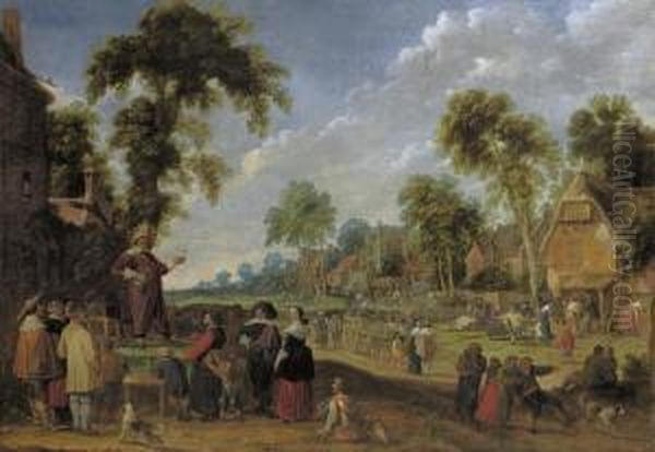 A Quack Doctor In A Village Landscape With Numerous Figures Oil Painting by Jacob Wijnants