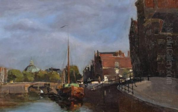 Barges On A Canal In Amsterdam Oil Painting by Jan Hillebrand Wijsmuller