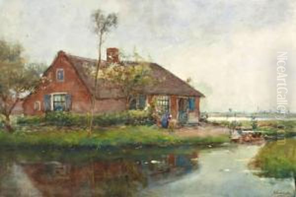 Boerin Bij Huisje Aan De Sloot Oil Painting by Jan Hillebrand Wijsmuller