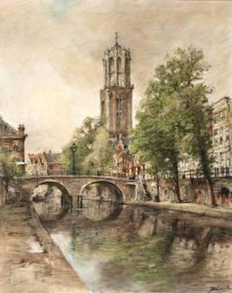 De Oude Gracht Te Utrecht Met Zicht Op De Domtoren Oil Painting by Jan Hillebrand Wijsmuller