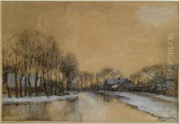 A Winter Landscape With Houses Along A Canal Oil Painting by Jan Hillebrand Wijsmuller