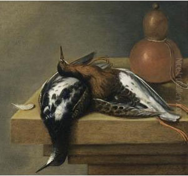 A Still Life Of Two Birds On A Wooden Table Oil Painting by J.B. Wijtvelt