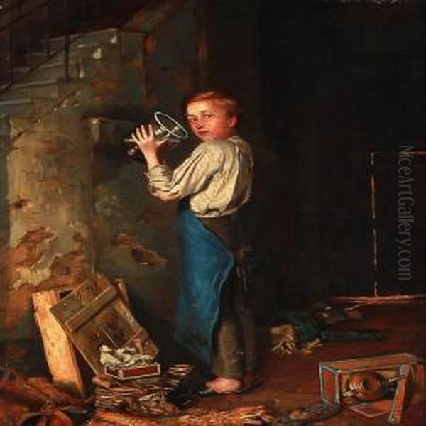 A Boy Drinking While Hiding Behind Back Stairs Oil Painting by Martin Ludwig Wilberg