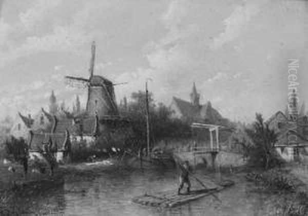 A Canal In A Town Oil Painting by Adrianus Petrus Hendrikus Wilbers