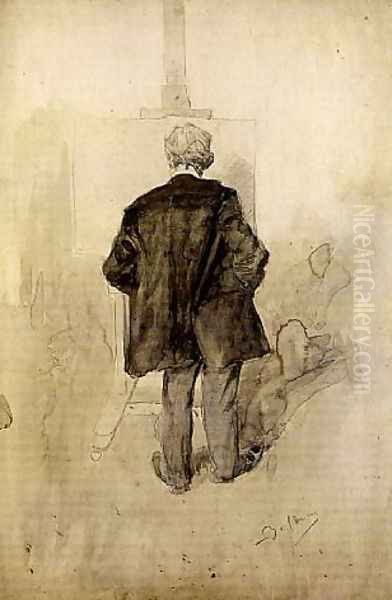 A Standing Man, Seen from Behind, Looking at a Painting on an Easel Oil Painting by Giovanni Boldini