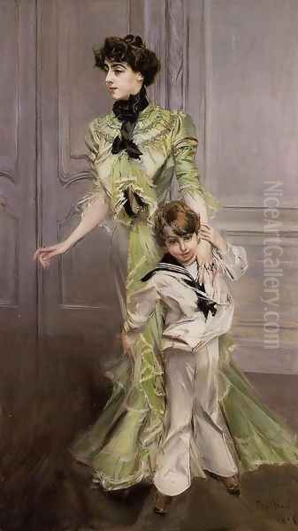 Portrait Of Madame Georges Hugo (nee Pauleen Menard Dozian) And Her Son Jean Oil Painting by Giovanni Boldini