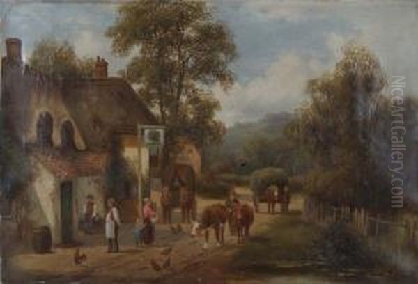 Cattle And Figures Outside A Country Inn Oil Painting by Henry Wilcocks