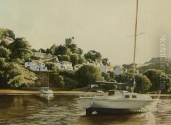 Cornish Coastal Or River Scene With Boats Oil Painting by Urquhart Wilcox