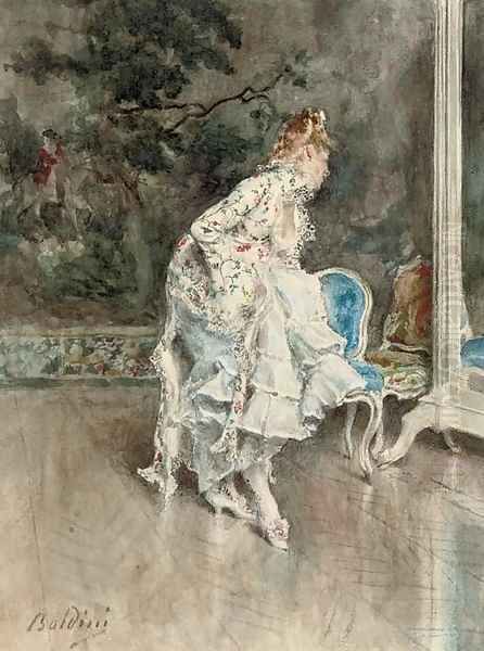 Signora in abito impero che si specchia (Lady in a mirror) Oil Painting by Giovanni Boldini