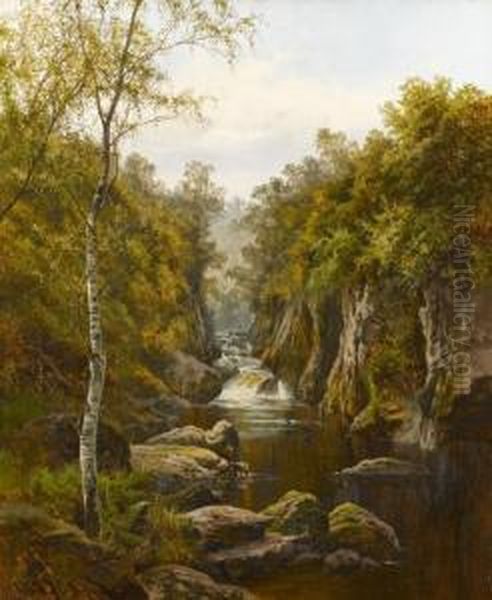 A Sequestered Waterfall Oil Painting by Charles Wilda