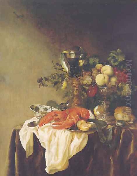 A banketje still life of fruit in a silver tazza, a lobster, a roemer and other objects on a white cloth on a velvet-draped table Oil Painting by Abraham Hendrickz Van Beyeren