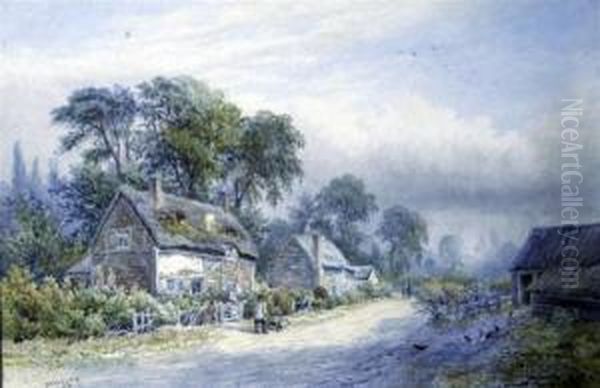 Thatched Half Timbered Cottages With Countryfolk Oil Painting by William Wilde