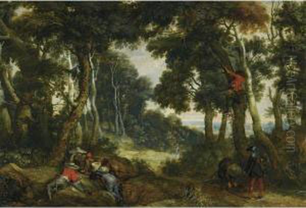 A Wooded Landscape With Brigands Playing Dice, Another Brigand Upin A Tree, On The Lookout Oil Painting by Jan Wildens