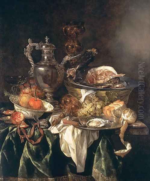 Still Life with a Silver Wine Jar with a Reflected Portrait of the Artist Oil Painting by Abraham Hendrickz Van Beyeren