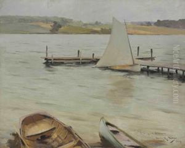 Boats Along The Shore, Silver Lake, New York Oil Painting by Irving Ramsay Wiles