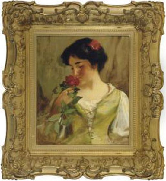 A Beauty Smelling A Rose Oil Painting by Irving Ramsay Wiles