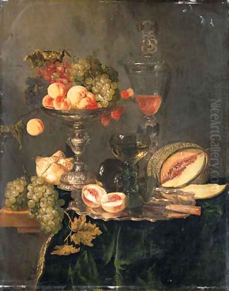 Nectarines, peaches, grapes and raspberries on a silver tazza, two roemers and a sliced peach with a knife on a silver plate, a melon, a bread roll Oil Painting by Abraham Hendrickz Van Beyeren