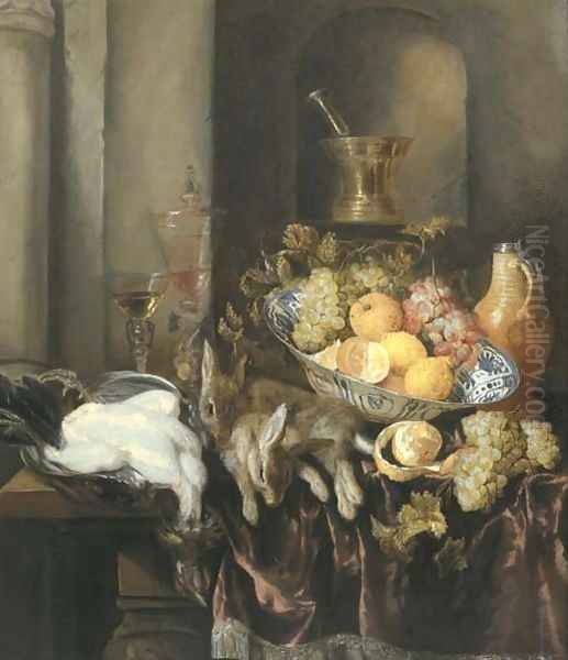 Grapes, lemons, and oranges in a Wan-li 'kraak' porselein bowl, with a plucked chicken and two hares, and two facon-de-Venise glasses Oil Painting by Abraham Hendrickz Van Beyeren