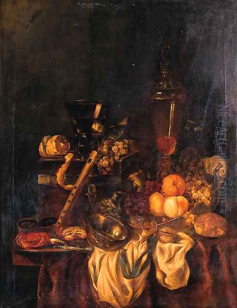 A Berkemeyer, Grapes And A Peeled Lemon On A Jewelry Box, Peaches, An Orange And Grapes In A Wan-Li Dish, Crabs And A Knife On A Pewter Plate Oil Painting by Abraham Hendrickz Van Beyeren