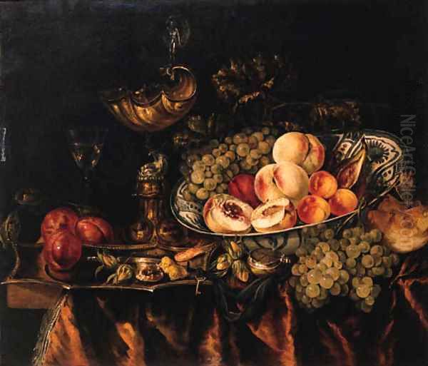 Peaches, grapes, apricots, a fig and a plum in a wan-li - dish, a bun, grapes, a fob-watch, a shrimp, hazelnuts, plums and sweetmeat on a puntschotel Oil Painting by Abraham Hendrickz Van Beyeren