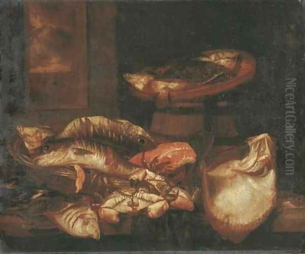 A ray, a salmon steak, crabs and other fish in a basket on a wooden ledge before a window Oil Painting by Abraham Hendrickz Van Beyeren