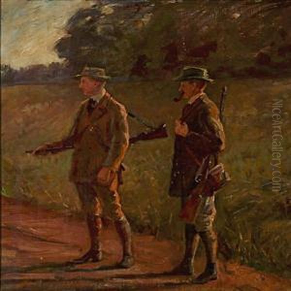 Two Hunters On A Road Oil Painting by Peter Hans Wilhard