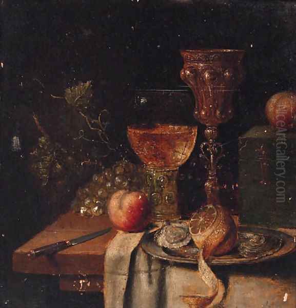 A roemer, a silver-gilt cup, oysters and a peeled lemon on a pewter plate, a knife, a casket with apples and grapes on a partially draped table Oil Painting by Abraham Hendrickz Van Beyeren